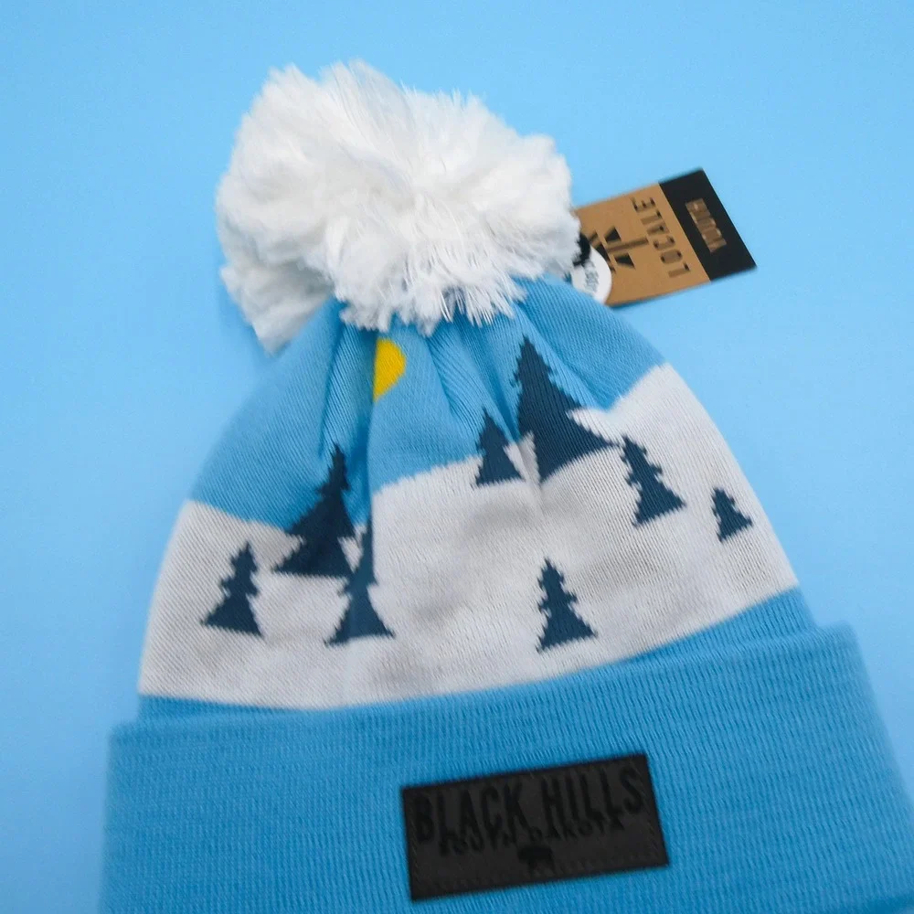 Locale Beanie Hat Youth One Size Black Hills South Dakota Blue Pom Recycled Knit